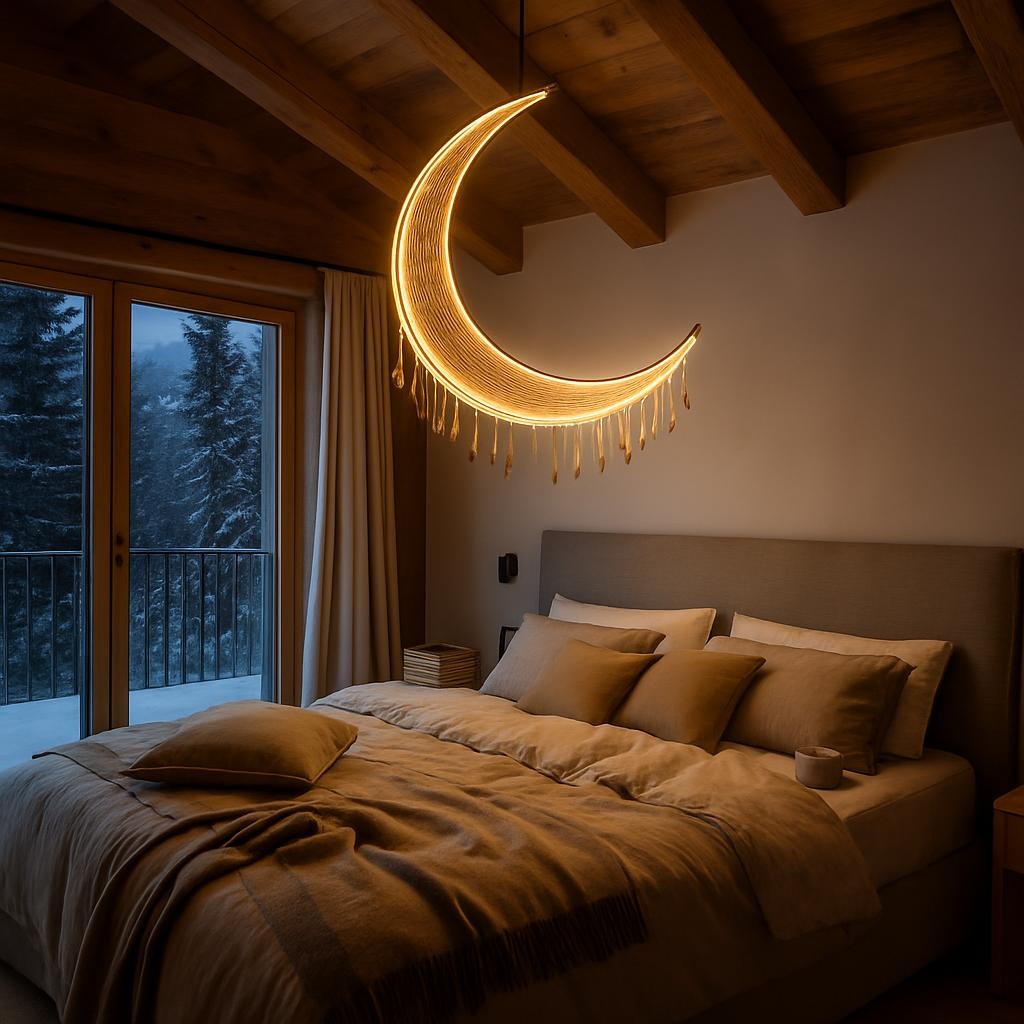Bedroom with cozy bedding and crescent moon chandelier decorated with keys