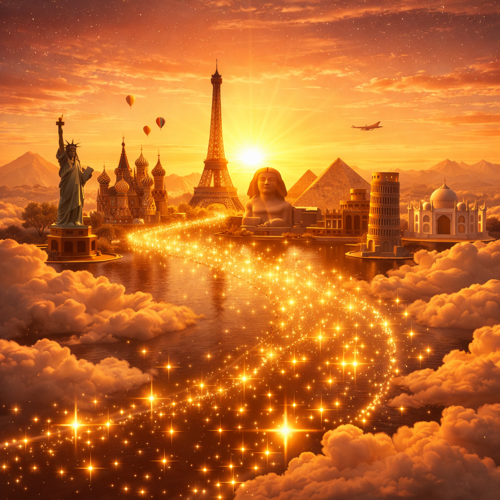 Famous world landmarks including Statue of Liberty, St. Basil's Cathedral, Eiffel Tower, Sphinx, Pyramids, Leaning Tower of Pisa, Colosseum, Taj Mahal with glowing path and sunset