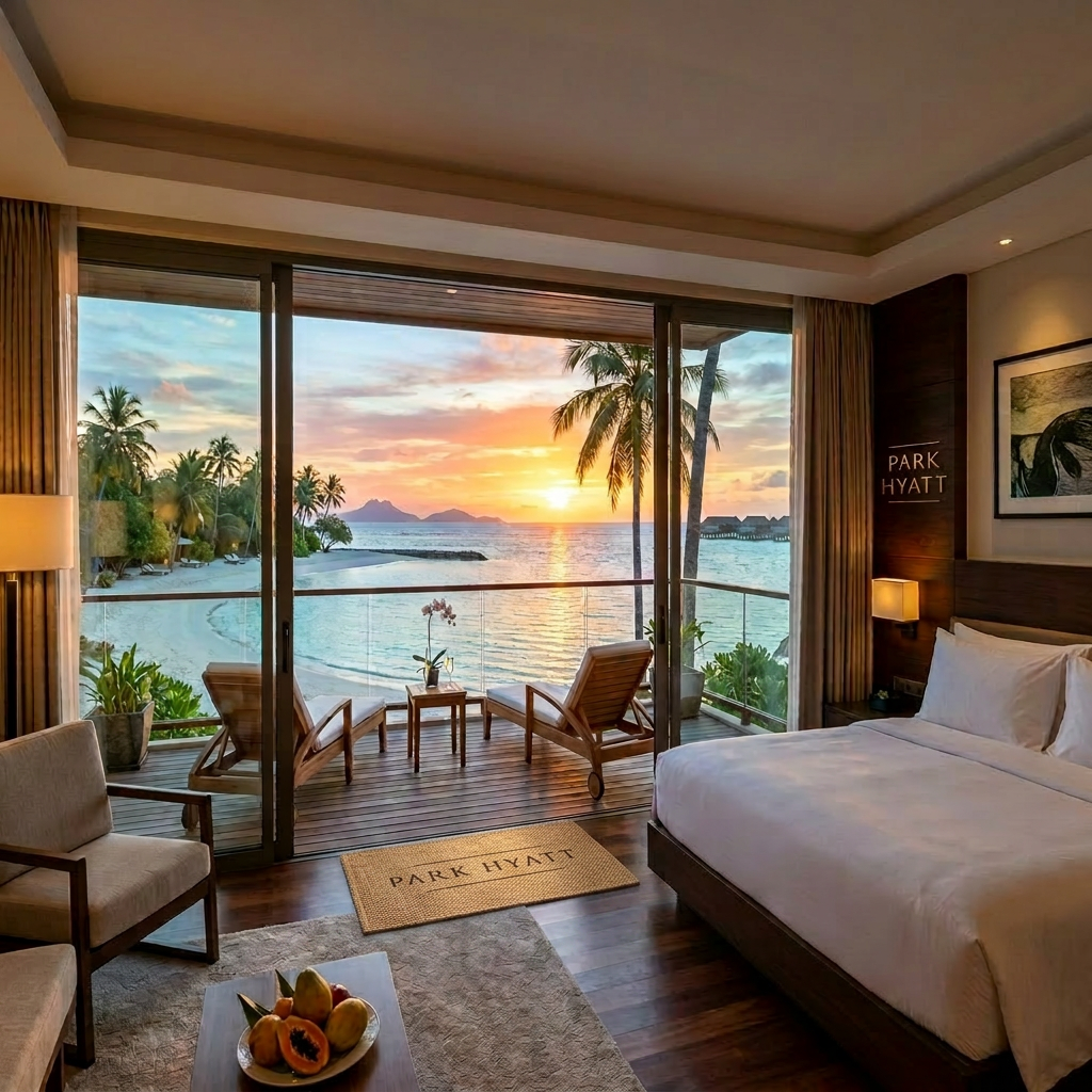 Hotel room with balcony facing ocean sunset and palm trees