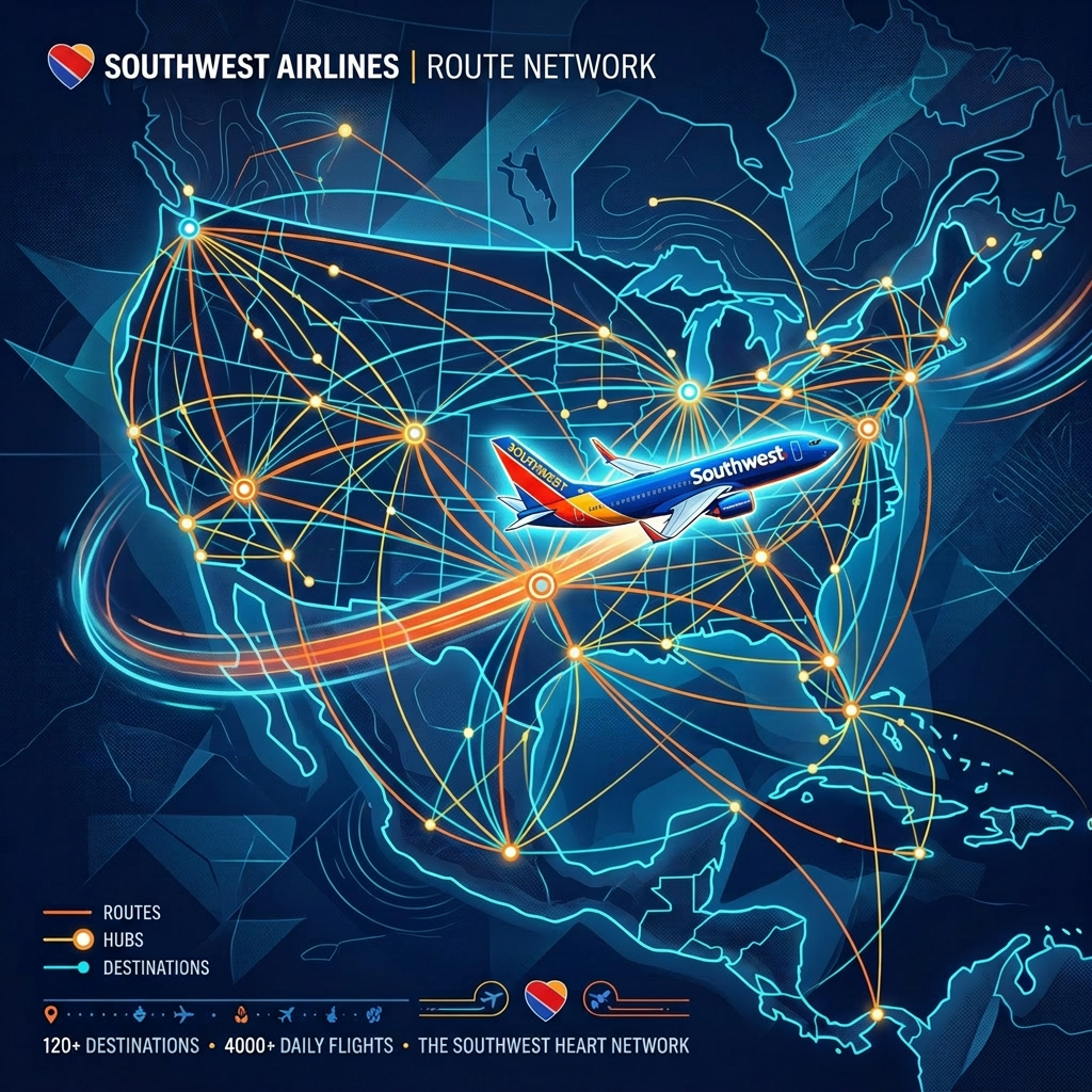 Southwest Airlines route network map highlighting hubs, routes, and destinations