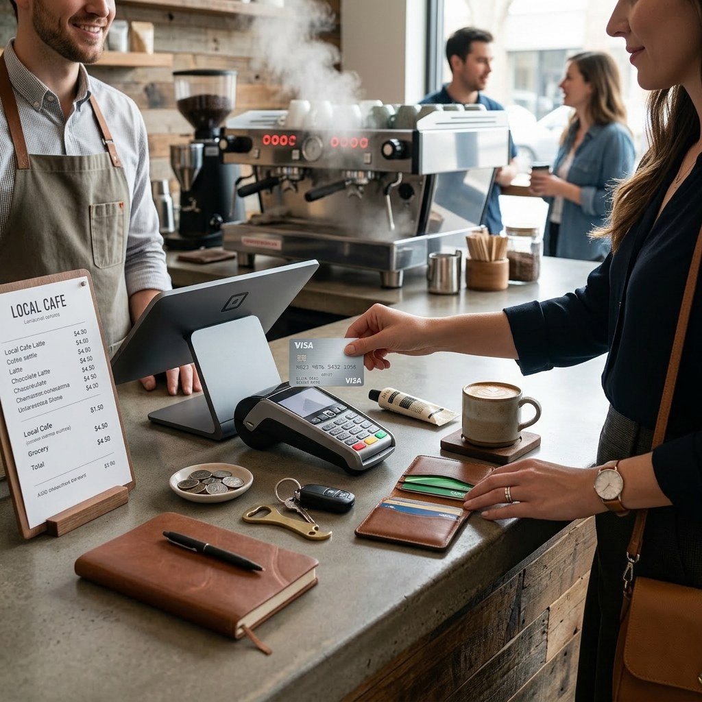 Customer tapping contactless payment card on terminal at cafe counter