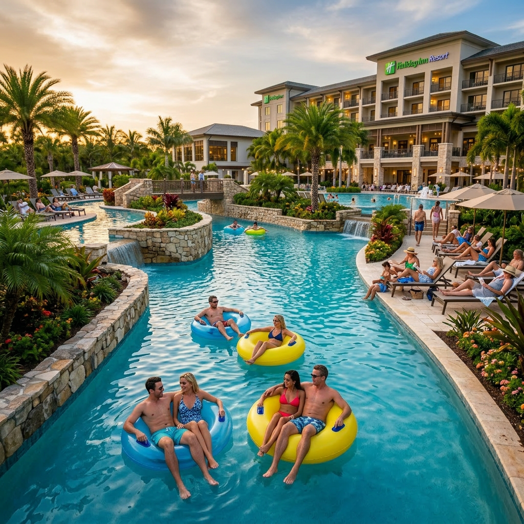 People floating on inflatable tubes in a resort lazy river pool at sunset