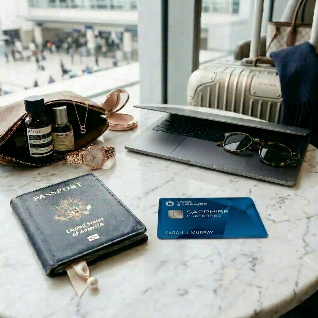 United States passport, luxury watch, Voyager Black credit card, sunglasses, notebooks, toiletry bag, and suitcase on table