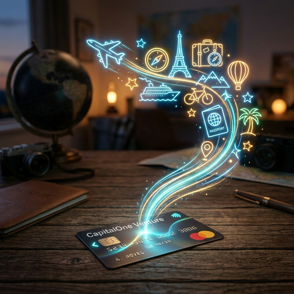 Travel card on wooden table with glowing icons of airplane, Eiffel Tower, cruise ship, bicycle, passport, and palm tree.