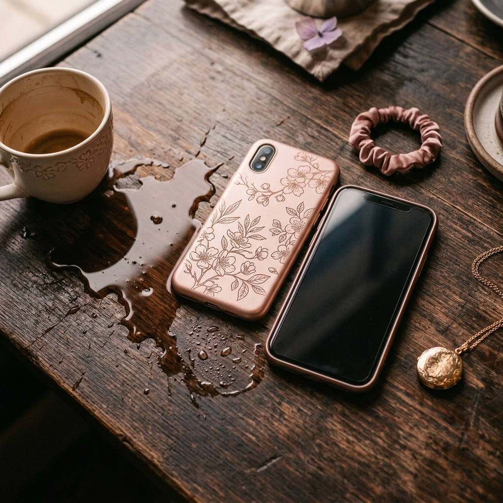 Two smartphones beside spilled coffee and a partially filled cup