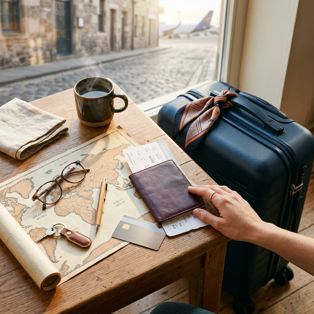 Travel essentials on a table beside a suitcase and airplane