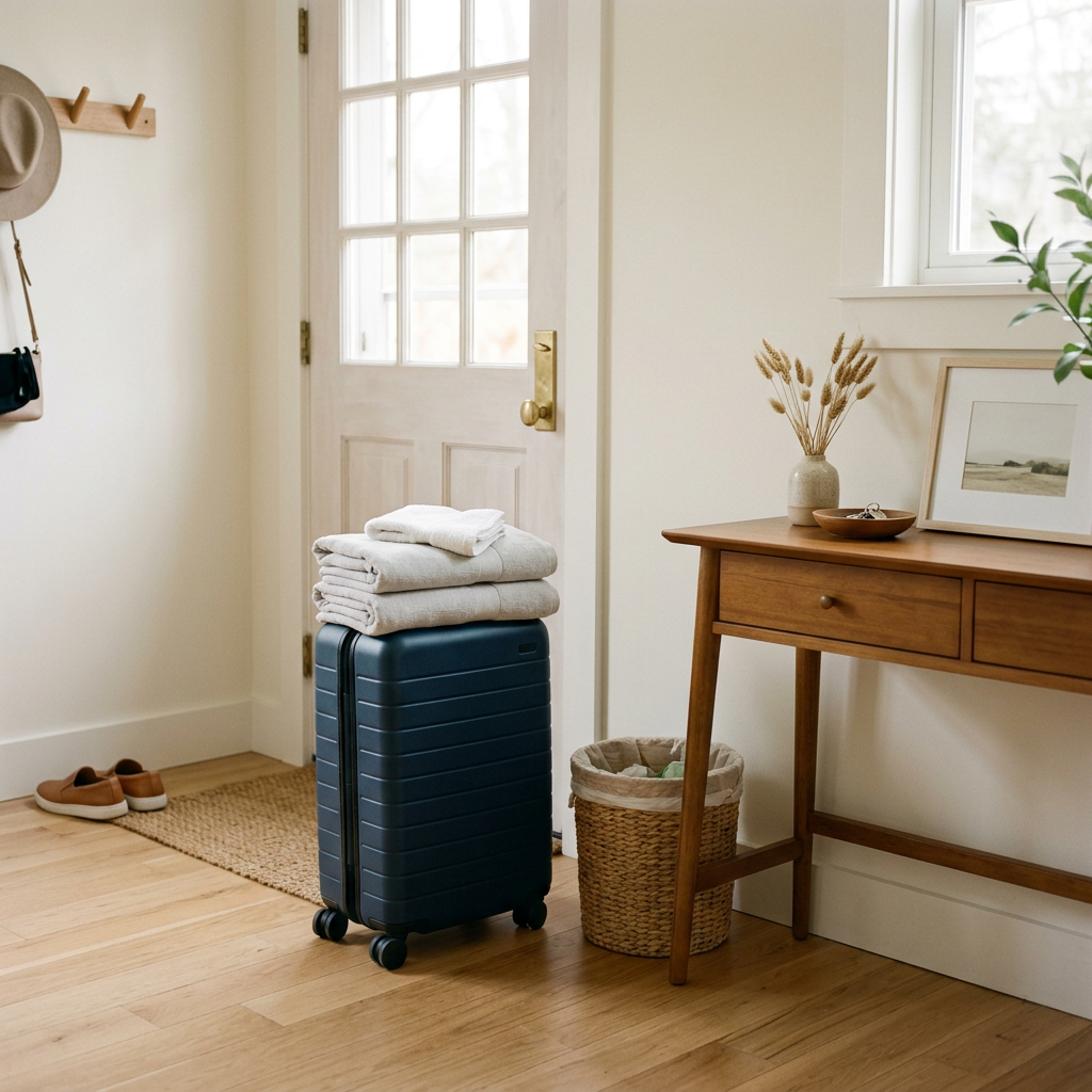 Packed navy suitcase with folded towels in a bright entryway
